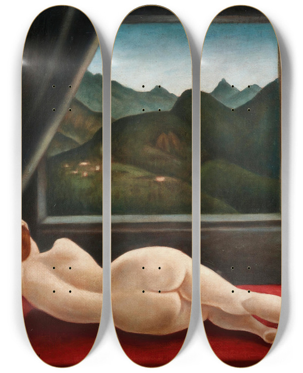 Triptych art skateboard deck of Ubaldo Oppi Nudo Sdraiato Con Finestra by Ubaldo Oppi (1889-1942)
