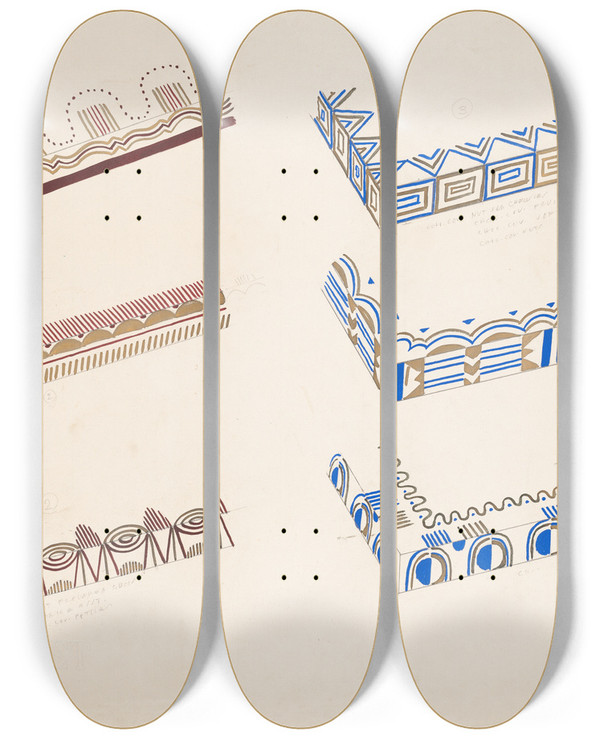 Triptych art skateboard deck of Winold Reiss Graphic Design Drawings For Barricini Candy Packages 3D Study For 6 Rectangular Boxes 2 Sides Partially Shown by Winold Reiss (1886-1953)
