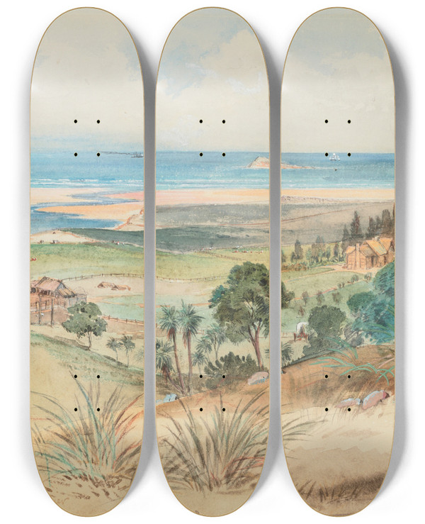 Triptych art skateboard deck of Nicholas Chevalier Winchendon On The Kaikorai River by Nicholas Chevalier (1828-1902)