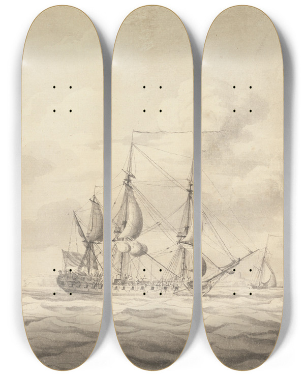 Triptych art skateboard deck of Charles Brooking Two Frigates Before The Wind by Charles Brooking (1723-1759)