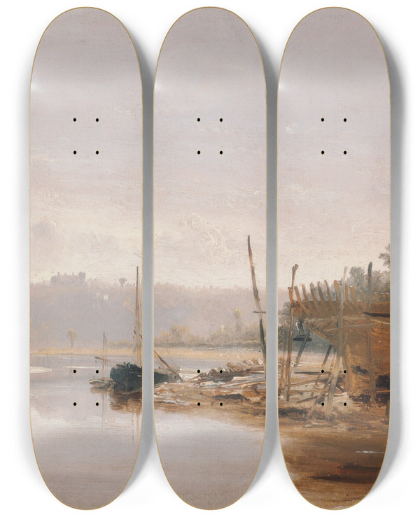 Triptych art skateboard deck of Francis Danby Boat Building Near Dinan Brittany by Francis Danby (1793-1861)