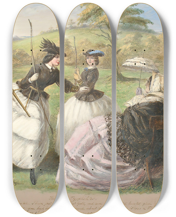 Triptych art skateboard deck of John Leech The Fair Toxophilites by John Leech (1817-1864)
