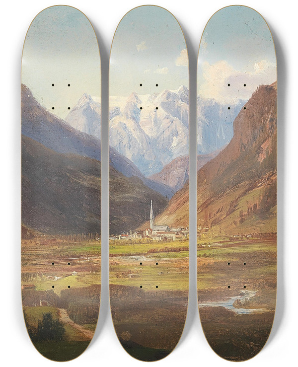 Triptych art skateboard deck of Anna Baarplommer Scene In The Tyrolean Countryside by Anna Baar Plommer (1836-1890)