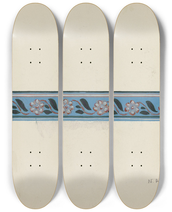 Triptych art skateboard deck of Nicholas Acampora Wall Paper Border On Bandbox Lid by Nicholas Acampora