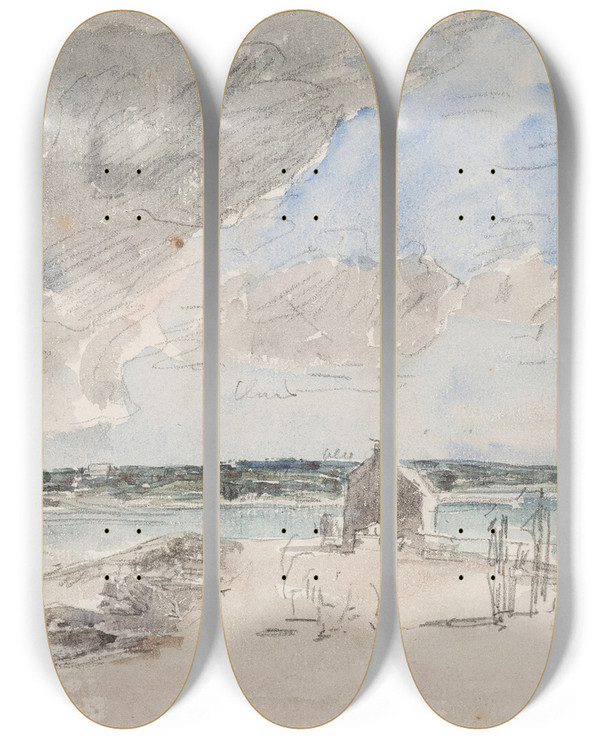 Triptych art skateboard deck of Eugne Boudin Plougastel Le Passage Lembouchure De La Rivire De Landerneau by Eugene Boudin (1824-1898)