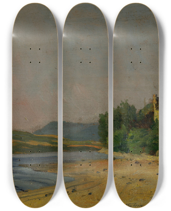 Triptych art skateboard deck of Ferdinand Katona Nedeck Castle by Ferdinand Katona (1864-1932)
