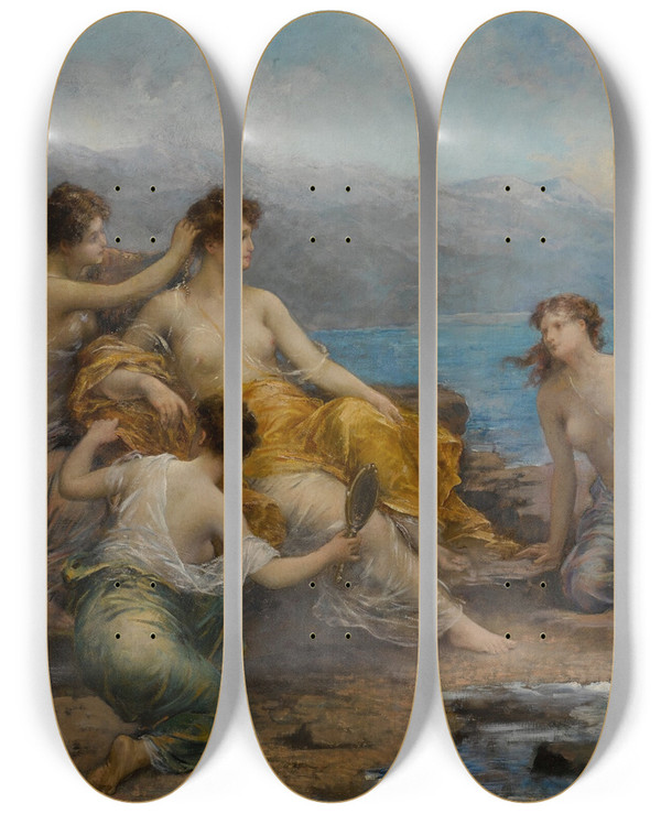 Triptych art skateboard deck of Franois Lafon Les Baigneuses by Francois Lafon (1846-1920)