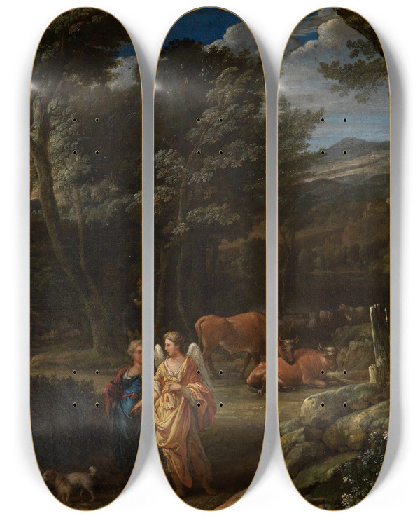 Triptych art skateboard deck of Eglon Van Der Neer Tobias Mit Dem Engel In Waldlandschaft by Eglon van der Neer (1635-1703)
