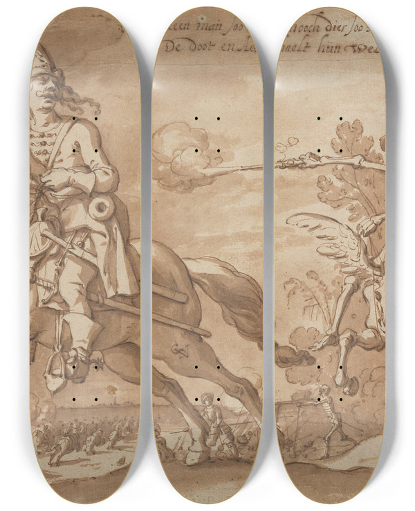 Triptych art skateboard deck of Sebastian Vrancx Death On Horseback Chasing A Flying Knight by Sebastian Vrancx (1573-1647)