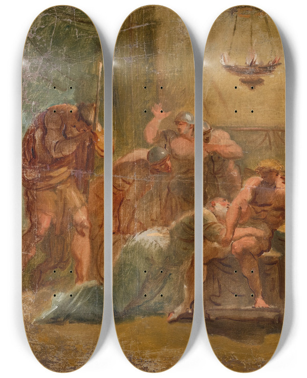 Triptych art skateboard deck of Louis Masreliez Priam Before Achilles by Louis Masreliez (1748-1810)