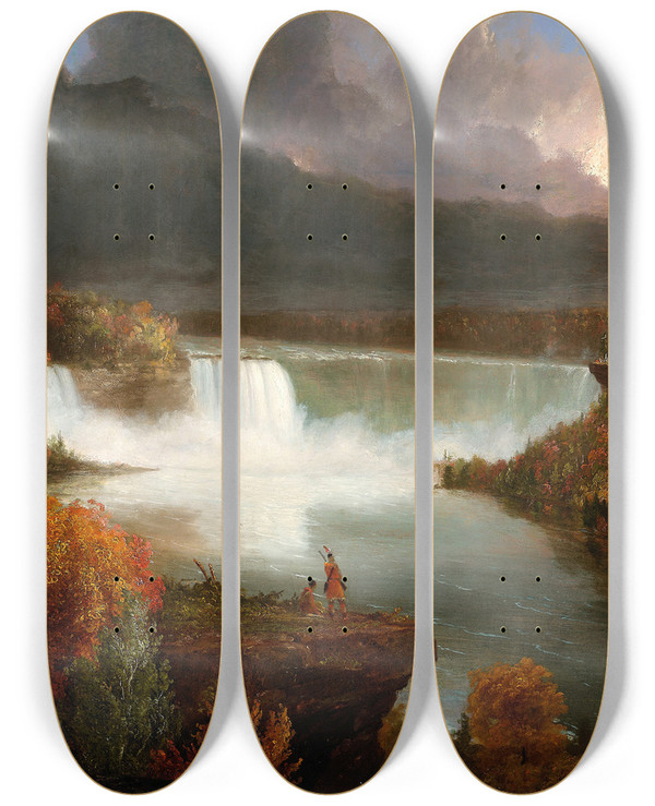 Triptych art skateboard deck of Thomas Cole Distant View Of Niagara Falls by Thomas Cole (1801-1848)