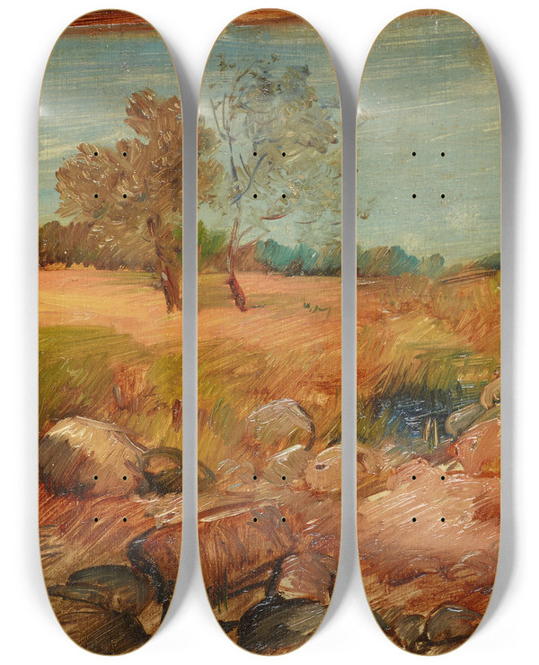 Triptych art skateboard deck of Wilhelm Busch Blick Aus Einer Scheune by Wilhelm Busch (1832-1908)