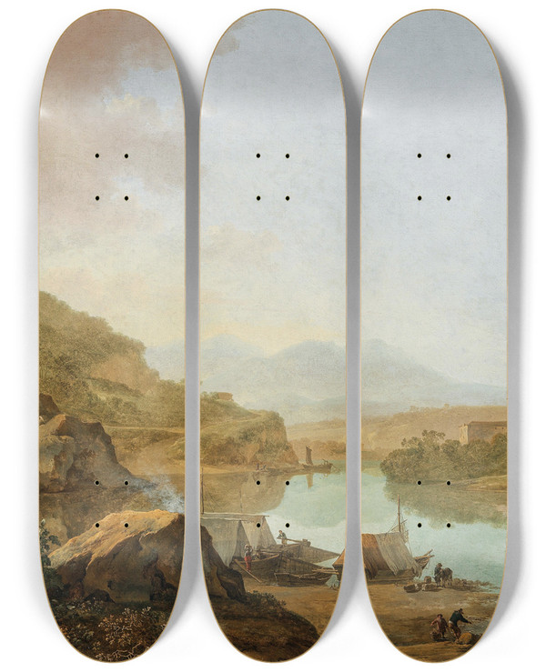 Triptych art skateboard deck of Adam Pynacker An Extensive Italianate River Landscape_2 by Adam Pynacker (1615-1673)