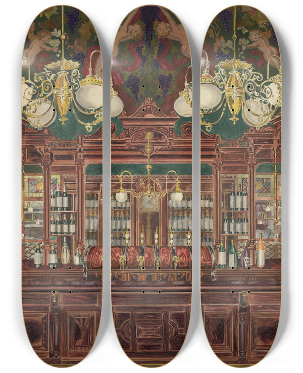 Triptych art skateboard deck of Perkins Harnly Bar by Perkins Harnly (1901-1986)