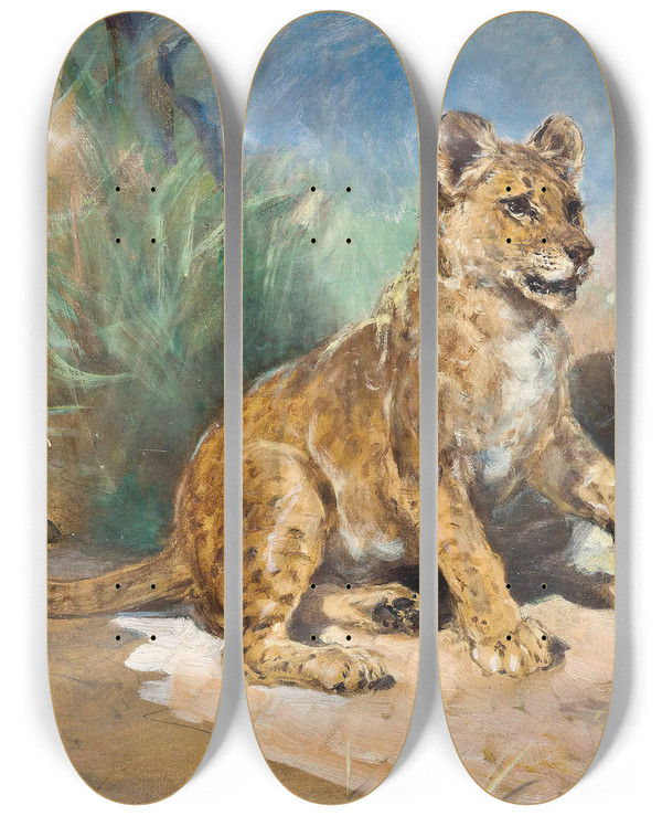 Triptych art skateboard deck of Heywood Hardy A Lion Cub by Heywood Hardy (1842-1933)