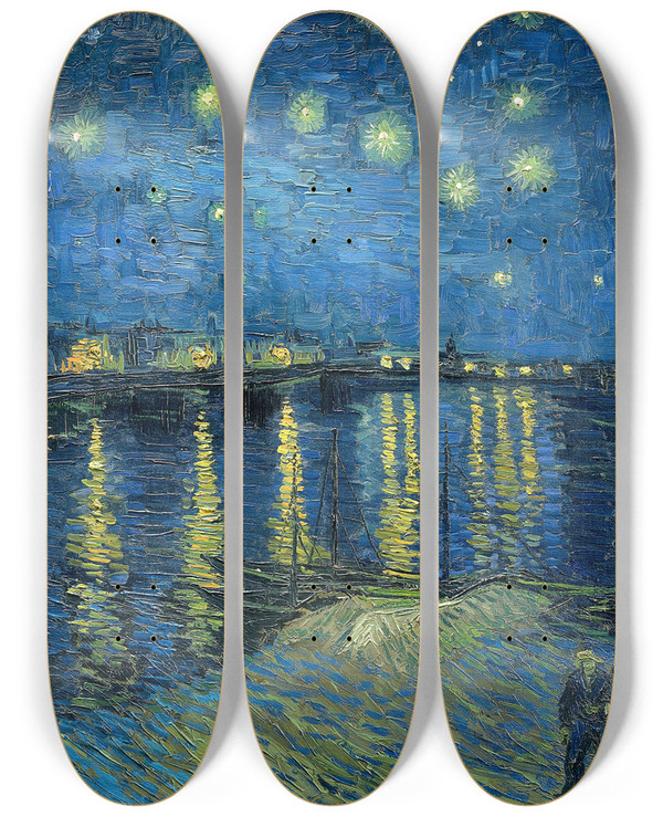 Triptych art skateboard deck of Vincent Van Gogh Starry Night Over The Rhone by Vincent van Gogh (1853-1890)