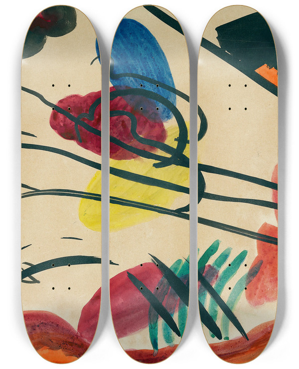 Triptych art skateboard deck of Wassily Kandinsky With Three Riders by Wassily Kandinsky (1866-1944)