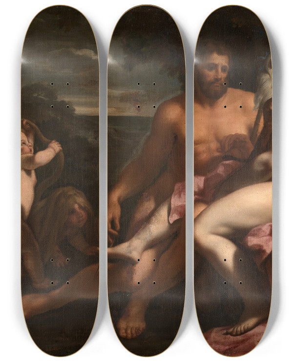 Triptych art skateboard deck of Carlo Cignani Hercules And Omphale by Carlo Cignani (1628-1719)
