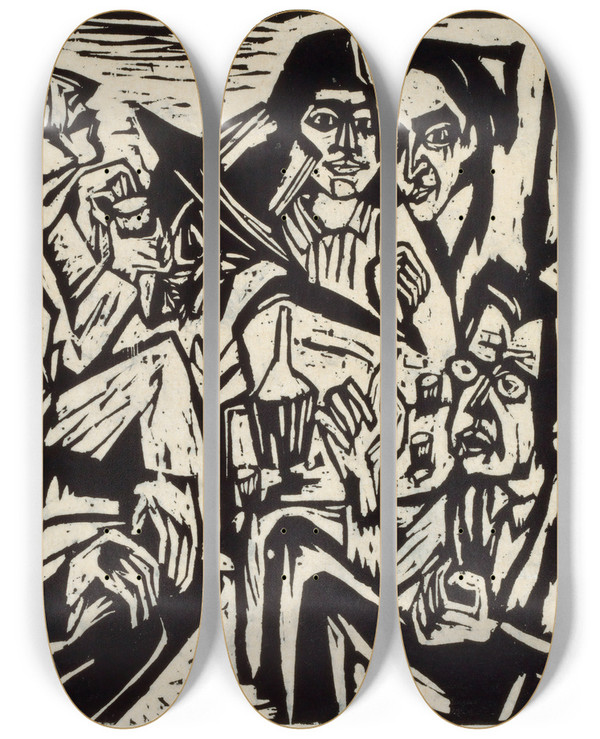 Triptych art skateboard deck of Hermann Scherer Atelierfest by Hermann Scherer (1893-1927)