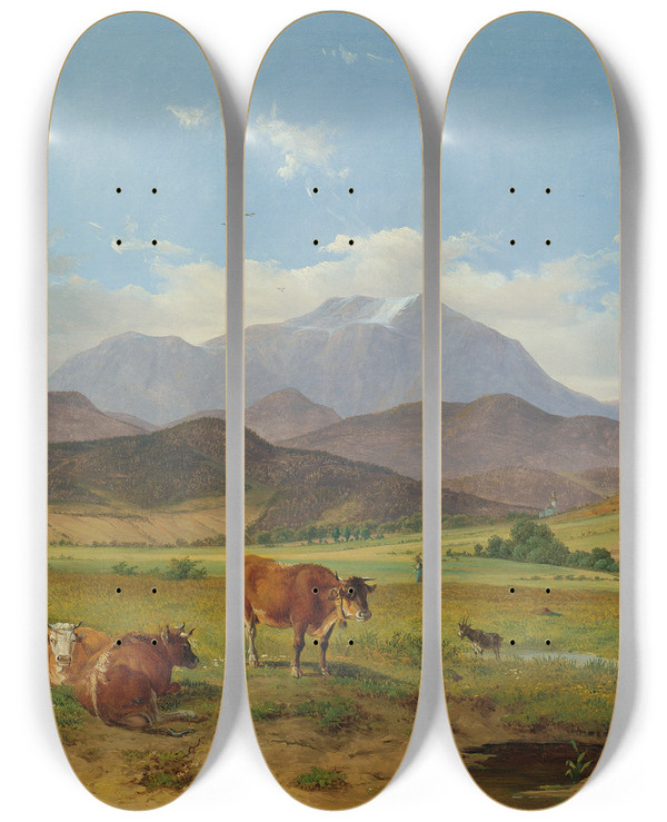 Triptych art skateboard deck of Josef Feid Landschaft Mit Schneeberg by Josef Feid (1806-1870)