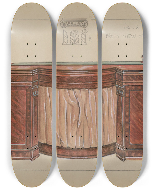 Triptych art skateboard deck of Lawrence Phillips Desk_1 by Lawrence Phillips