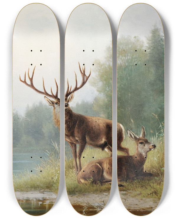 Triptych art skateboard deck of Moritz Mller Stag At A Lake by Moritz Melzer (1841-1899)