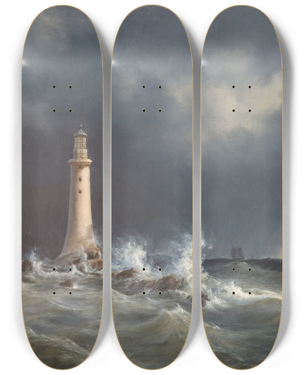 Triptych art skateboard deck of Anton Melbye Eddystone Lighthouse by Anton Melbye (1818-1875)