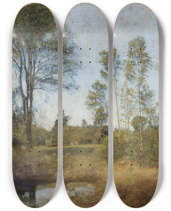 Triptych art skateboard deck of Franz Rumpler Landschaft Mit Heuwagen by Franz Rumpler (1848-1922)