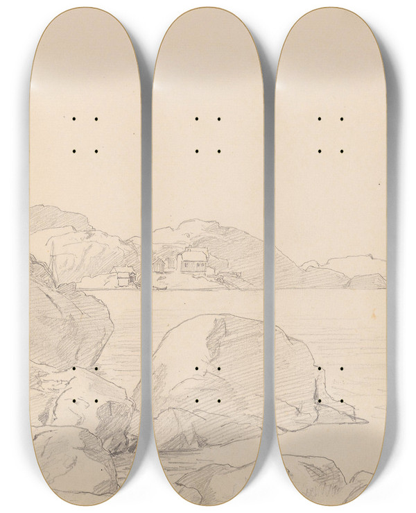 Triptych art skateboard deck of Hans Gude Utsikt Mot Toner by Hans Gude (1825-1903)