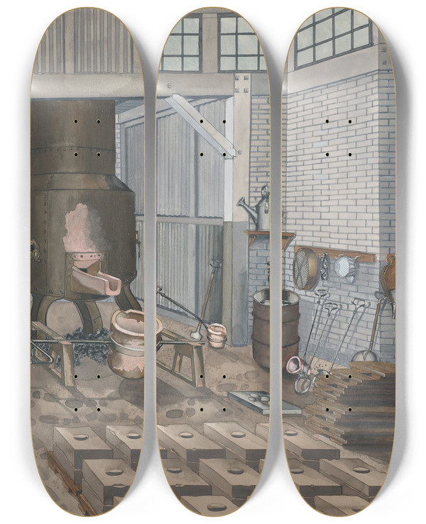 Triptych art skateboard deck of Perkins Harnly Iron Foundry 1910 by Perkins Harnly (1901-1986)