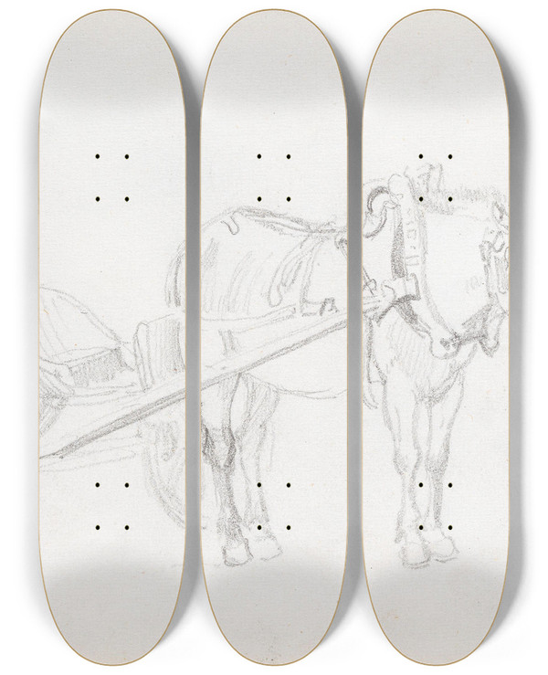 Triptych art skateboard deck of Adolph Tidemand Hest Og Karjol by Adolph Tidemand (1814-1876)