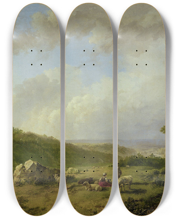 Triptych art skateboard deck of Barend Cornelis Koekkoek Landscape With A Rainstorm Threatening by Barend Cornelis Koekkoek (1803-1862)