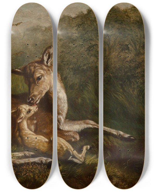 Triptych art skateboard deck of Arthur Fitzwilliam Tait Deer And Fawn by Arthur Fitzwilliam Tait (1819-1905)