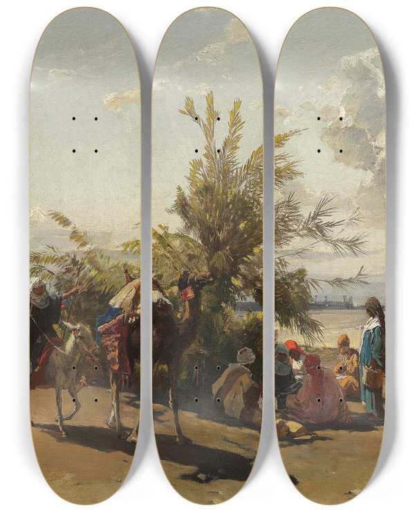 Triptych art skateboard deck of Hermann David Salomon Corrodi An Oasis Encampment by Hermann David Salomon Corrodi (1844-1905)