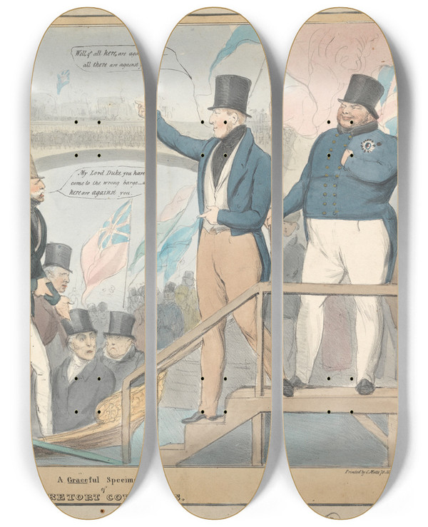 Triptych art skateboard deck of John Doyle A Graceful Speciman Of The Retort Courteous by John Doyle (1939)