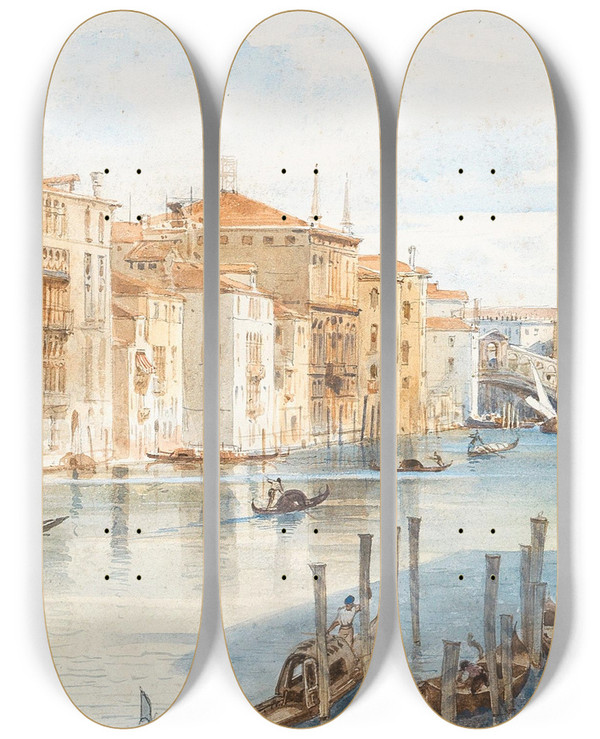 Triptych art skateboard deck of Carl Friedrich Heinrich Werner Canal Grande And Rialto Bridge by Carl Friedrich Heinrich Werner (1808-1894)