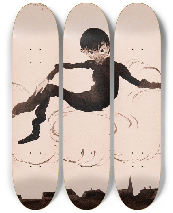Triptych art skateboard deck of Ivar Arosenius Self Portrait On A Cloud by Ivar Arosenius (1878-1909)