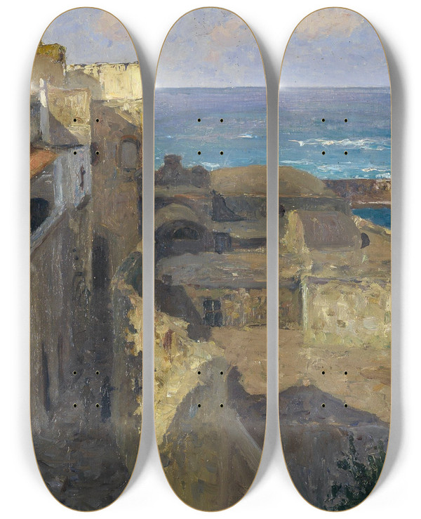Triptych art skateboard deck of Alfred Zoff Enge Gasse In Forio by Alfred Zoff (1852-1927)