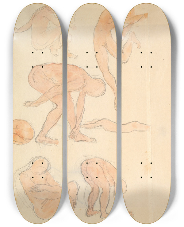Triptych art skateboard deck of Kahlil Gibran Figure Studies by Kahlil Gibran (1883-1931)