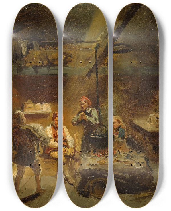Triptych art skateboard deck of Adolph Tidemand A Boy Bringing Home A Sick Lamb by Adolph Tidemand (1814-1876)