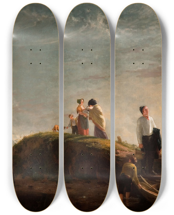 Triptych art skateboard deck of William Collins The Reluctant Departure by William Collins (1788-1847)