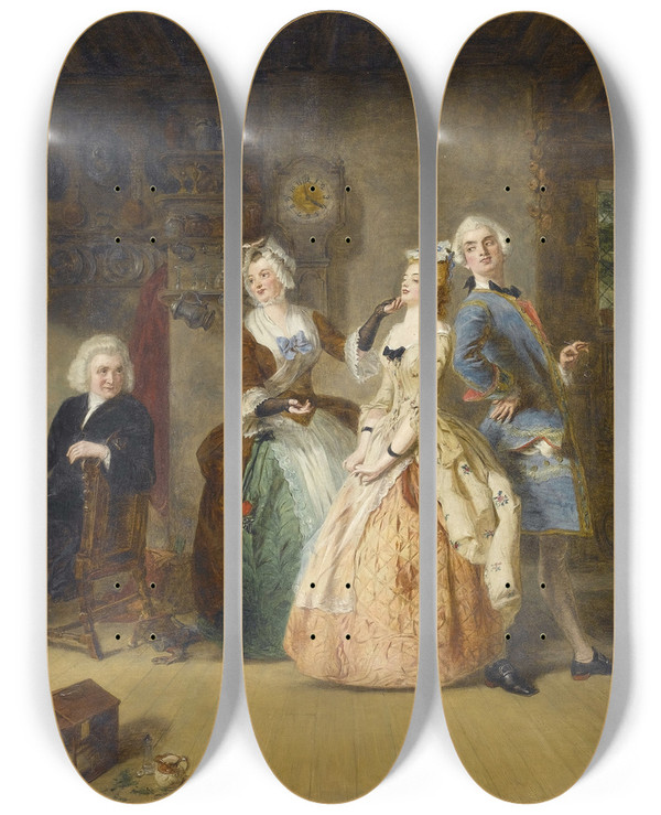 Triptych art skateboard deck of William Powell Frith Measuring Heights by William Powell Frith (1819-1909)
