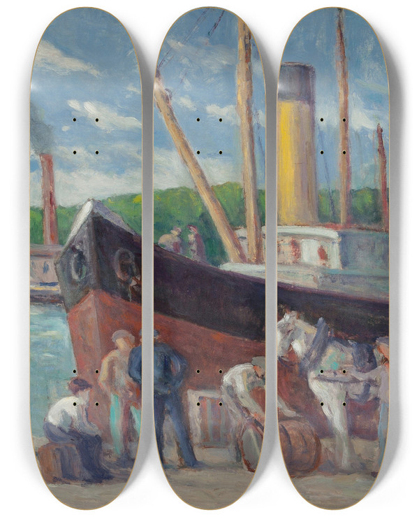 Triptych art skateboard deck of Maximilien Luce Honfleur Remorqueur Quai by Maximilien Luce (1858-1941)