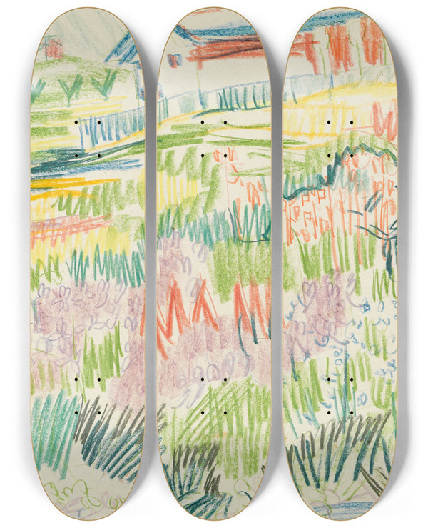Triptych art skateboard deck of Ernst Ludwig Kirchner Blumenwiese Mit Husern by Ernst Ludwig Kirchner (1880-1938)