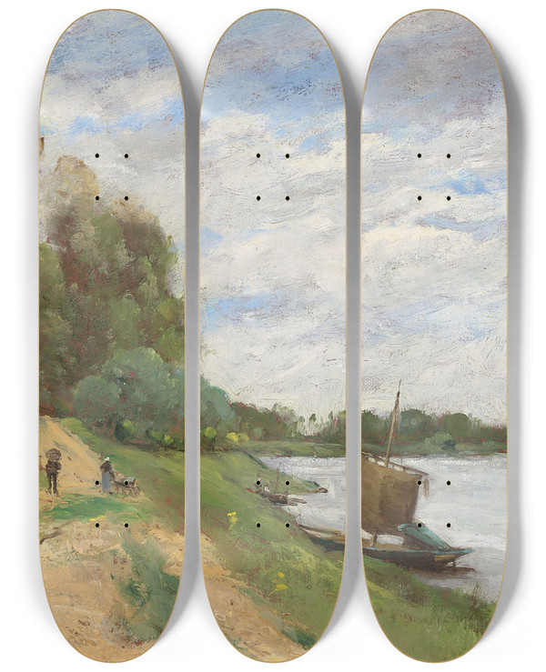 Triptych art skateboard deck of Paul Dsir Trouillebert Le Bateau Voiles by Paul Desire Trouillebert (1829-1900)