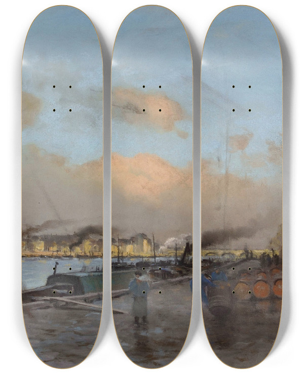 Triptych art skateboard deck of Emile Cagniart Le Quai De Bercy_1 by Emile Cagniart (1851-1911)