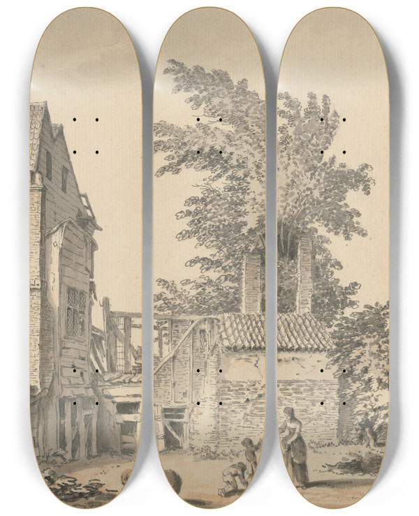 Triptych art skateboard deck of Samuel Hieronymus Grimm At Mortlake by Samuel Hieronymus Grimm (1733-1794)