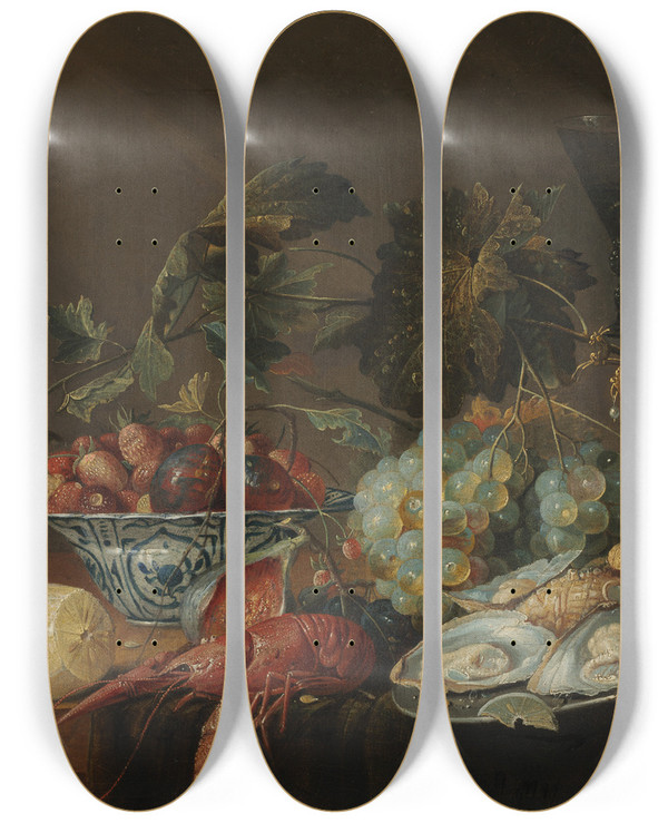 Triptych art skateboard deck of Cornelis De Heem Stilllife With Crayfish Oysters And Fruit by Cornelis de Heem (1631-1695)