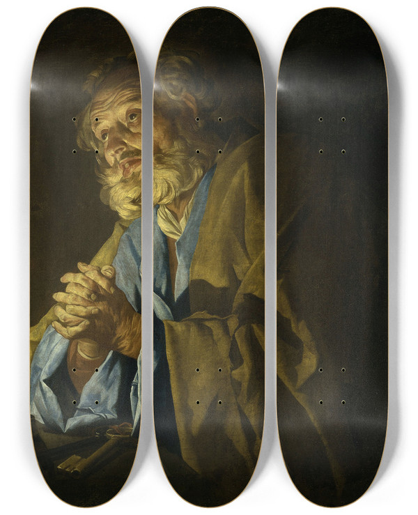 Triptych art skateboard deck of Matthias Stom Saint Peter In Prayer by Matthias Stom (1600-1650)