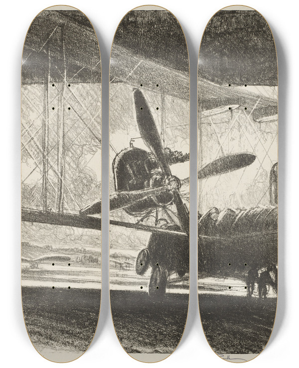 Triptych art skateboard deck of Joseph Pennell The Big Bug by Joseph Pennell (1857-1926)